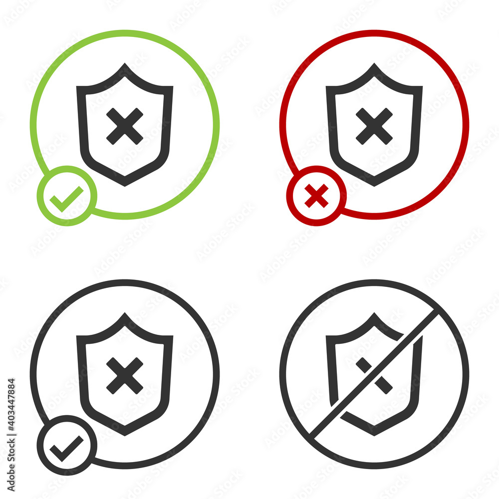 Poster black shield with cross mark icon isolated on white background. shield and rejected. notice of refus
