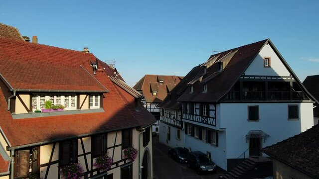 Aerial view on the ancient French village. Egusheim, Alsace, France. Filming from the air with a drone in 4K. Cinematic view. 