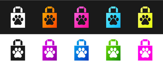 Set Shopping bag pet icon isolated on black and white background. Pet shop online. Animal clinic. Vector.