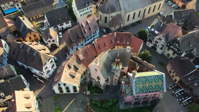 Aerial view on the ancient French village. Egusheim, Alsace, France. Filming from the air with a drone in 4K. Cinematic view. 