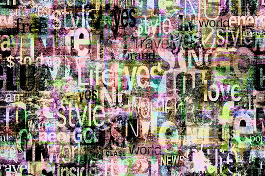 Abstract grunge urban bright colors chaotic words, letters background