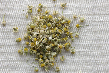 Chamomile dried flower tea in a white bowl on linen textile with blossoms and buds nearby, closeup, copy space, flat lay, from above overhead top view, healthy herbal teas and natural healer concept