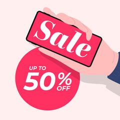 Hand holding phone with sale promotion discount 50%, Sale banner template.