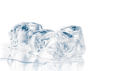Natural crystal clear melting ice cubes on white background.