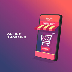 Online shopping on mobile application concept. 3D Online store on mobile phone.