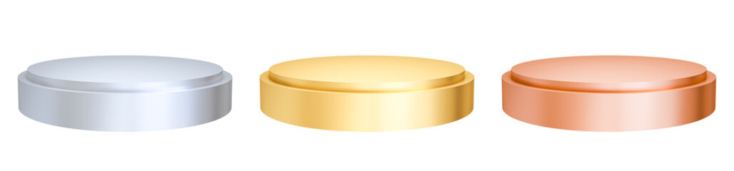 collection of blank cylinder podium isolated on white blackground, gold silver and bronze stand, winner concept. for showcase product, 3D render