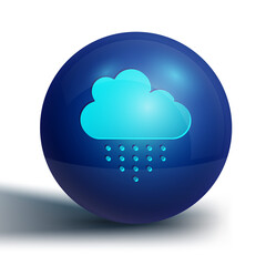 Blue Cloud with rain icon isolated on white background. Rain cloud precipitation with rain drops. Blue circle button. Vector.
