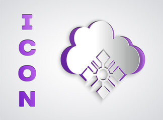 Paper cut Cloud with snow icon isolated on grey background. Cloud with snowflakes. Single weather icon. Snowing sign. Paper art style. Vector.