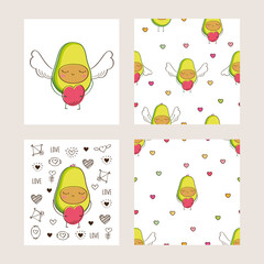 Set of cards and seamless patterns. Cute avocados with wings and hears for gift wrap, textile, wallpapers and scrapbooking. Backgrounds for Valentine's Day, birthday, Mother's Day, wedding. Vector.
