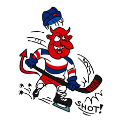 Hockey Devil attacks the goal and shoots, winter sport joke, color cartoon