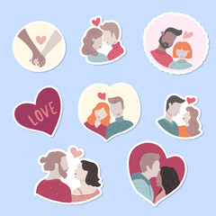 set of cute hand drawn stickers for Valentine's day. 8 illustrations isolated on light blue backgroud are good for prints, cards, invitations design.