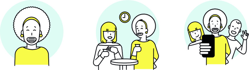 Daily life of a young black woman wearing a dental appliance. A young black lady with braces have coffee with coworker and take selfies with her friends