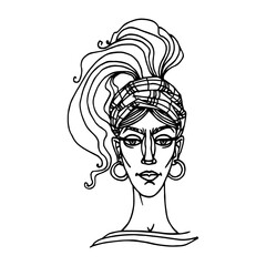 head of a cute young gypsy woman in a checkered hat, scarf and earrings, avatar, vector illustration with black contour lines isolated on a white background in a hand drawn style