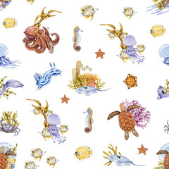Sea underwater creatures seamless pattern. Hand drawn octopus, turtle, seahorse, coral watercolor illustration wallpaper. Nautical animals for print. Underwater life repeat pattern white background.