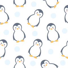 Penguins seamless pattern. Vector cute illustration white background