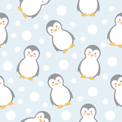 Penguins seamless pattern. Cartoon penguin character with snowflakes. Vector cute winter illustration blue background