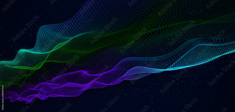 Poster Dynamic particles wave with dust. Blue, green and purple dots on black background. Digital landscape. 3d rendering. Big data visualization 3D. Futuristic backdrop for design, wallpaper.