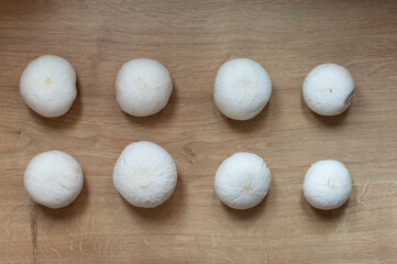 Champignons at wooden background