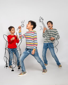 Three young boys dreaming of a musical career give a concert on imaginary instruments.