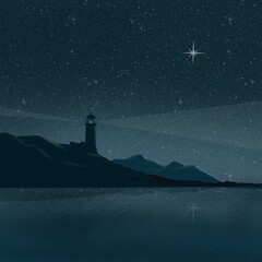 Night landscape. A lighthouse on the sea coast and a lone star in the night sky.