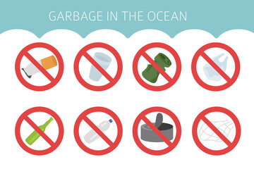 Global environmental problems. Ocean pollution icon set