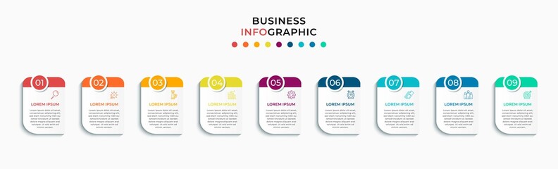 Minimal Business Infographics template. Timeline with 9 nine steps, options and marketing icons .Vector linear infographic with two circle conected elements. Can be use for presentation. Eps10 vector