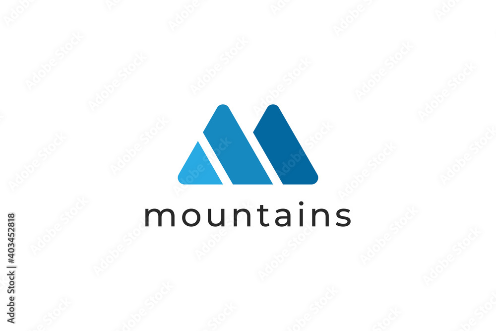 Poster abstract mountain logo. blue geometric triangle rounded shape initial letter m isolated on white bac