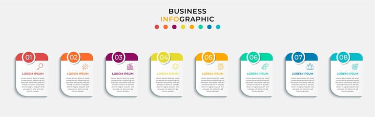 Minimal Business Infographics template. Timeline with 8 eight steps, options and marketing icons .Vector linear infographic with two circle conected elements. Can be use for presentation. Eps10 vector
