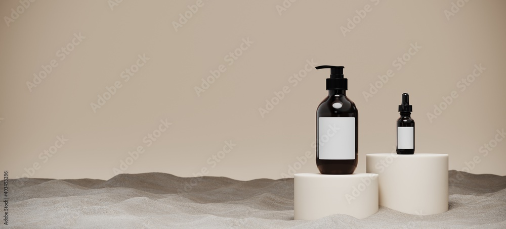 Poster minimal mockup background for product presentation. facial skin serum bottle and podium on sand beac