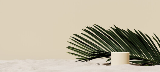 Minimal mockup background for product presentation. Podium and green palm leaf on white sand beach. 3d rendering illustration. Clipping path of each element included.
