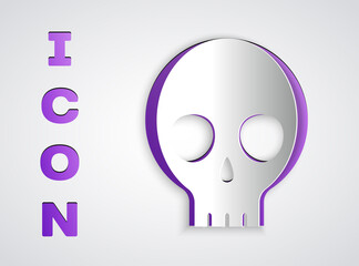 Paper cut Human skull icon isolated on grey background. Paper art style. Vector.