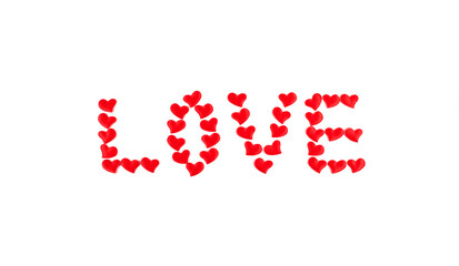Greeting card for Valentine's Day. The word Love is made of red hearts on a white background.
