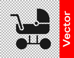 Black Baby stroller icon isolated on transparent background. Baby carriage, buggy, pram, stroller, wheel. Vector.