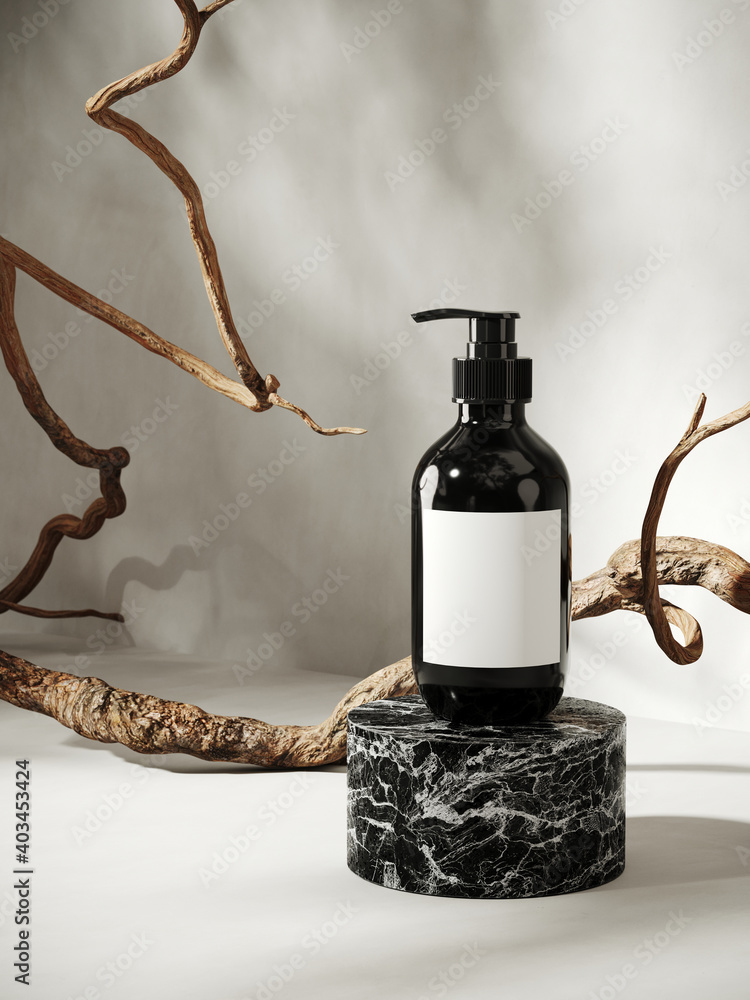 Poster minimal abstract background for product presentation. cosmetic bottle and dry twigs on white plaster