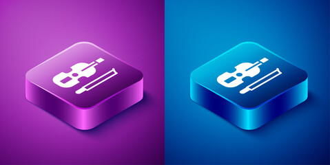 Isometric Violin icon isolated on blue and purple background. Musical instrument. Square button. Vector.