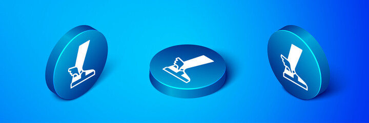 Isometric Hermes sandal icon isolated on blue background. Ancient greek god Hermes. Running shoe with wings. Blue circle button. Vector.