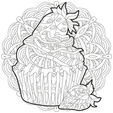 Vector piece of cake with strawberry and abstract ornaments on a patterned round substrate for coloring.