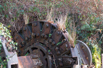 Nature reclaiming old China Clay mining machinery in Luxulyan Valley, Cornwall