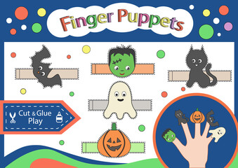 Finger puppets halloween. Cut and glue the paper cute Halloween characters. Children Worksheet with art game. Kids crafts activity page. Create toys. 3d gaming puzzle. Halloween decor. Vector illu