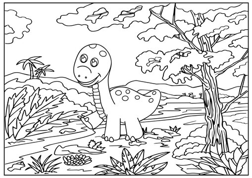 Kids coloring page. Children drawing of a cute dinosaur. Landscape with a dinosaur. Activity page for book. Funny pencil paint. Education worksheet. Vector illustration.