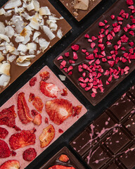 Handmade chocolate: milk, dark, ruby, with natural fruit fillings - berries, nuts