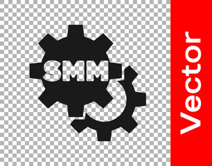 Black SMM icon isolated on transparent background. Social media marketing, analysis, advertising strategy development. Vector.