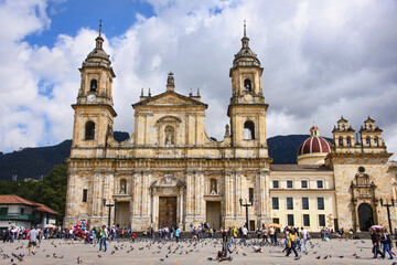 Fototapeta na wymiar The neoclassical Primatial Cathedral (Catedral Primada) in Plaza Bolivar, Bogotá, Colombia
