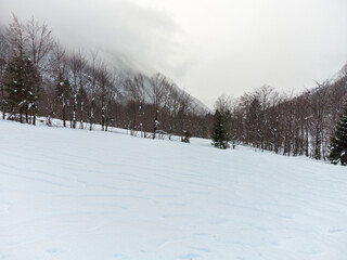 Naklejka premium During the snowfall in the mountains. View from above.