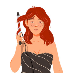 Freckled Girl Curling Her Hair with Iron Vector Illustration