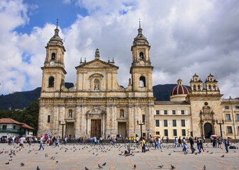 Fototapeta na wymiar The neoclassical Primatial Cathedral (Catedral Primada) in Plaza Bolivar, Bogotá, Colombia
