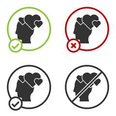 Black Human head with heart icon isolated on white background. Love concept with human head. Circle button. Vector.