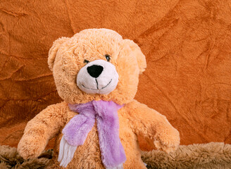  A closeup of teddy bear with brown color backgroud and a fluffy cloth surface.