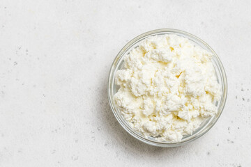 Cottage cheese. Top view copy space.