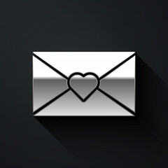 Silver Envelope with Valentine heart icon isolated on black background. Message love. Letter love and romance. Long shadow style. Vector.